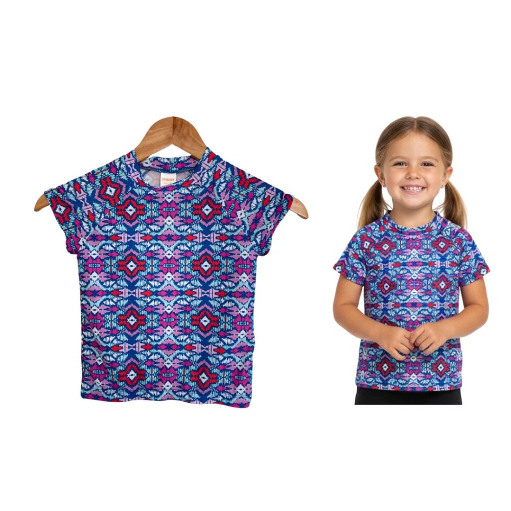 Gymboree Rash Guard Shirt Girls Small 5-6 Swim Aztec Ikat Print Pink Purple Blue